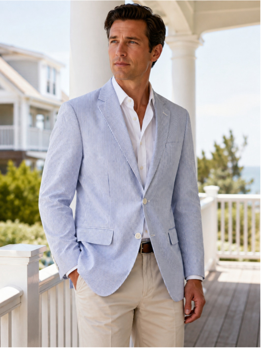 Alan Flusser Blazer Men’s 42R Seersucker Cotton Preppy Ivy League Coastal Blue
